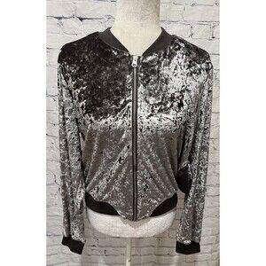 Ci Sono Crushed Gray Silver Velvet Bomber Jacket Women Black Rib Trim Size Large